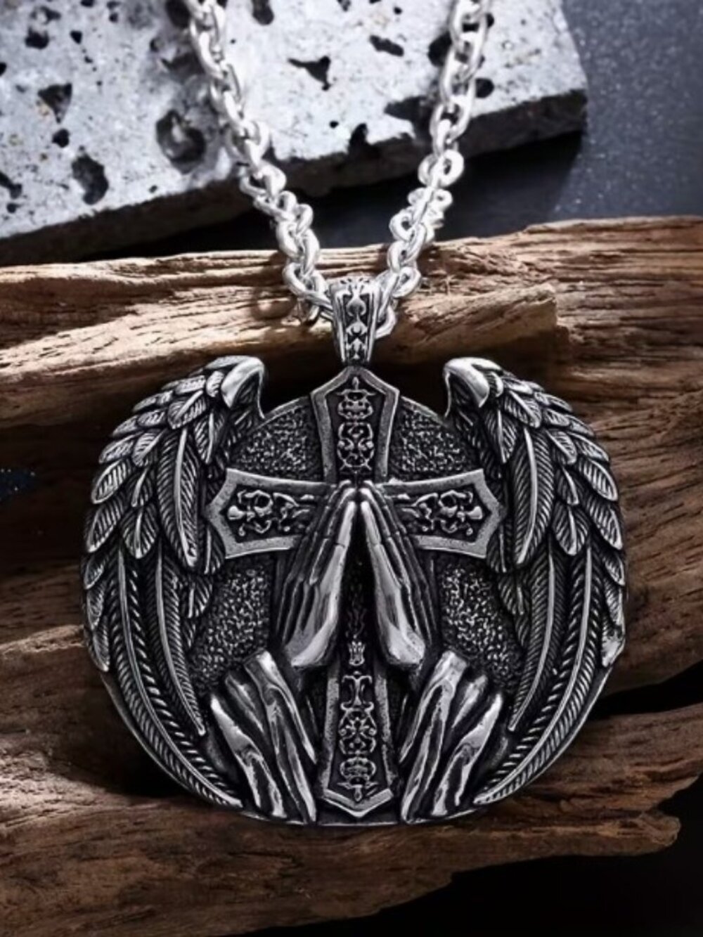 Titanium Steel Angel Wing Cross Praying Hands Pendant Men's Hip Hop Necklace